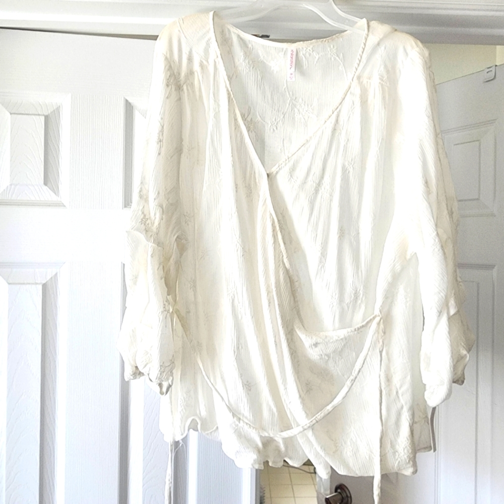 Xhilaration 3X white embroidered gauze faux wrap top